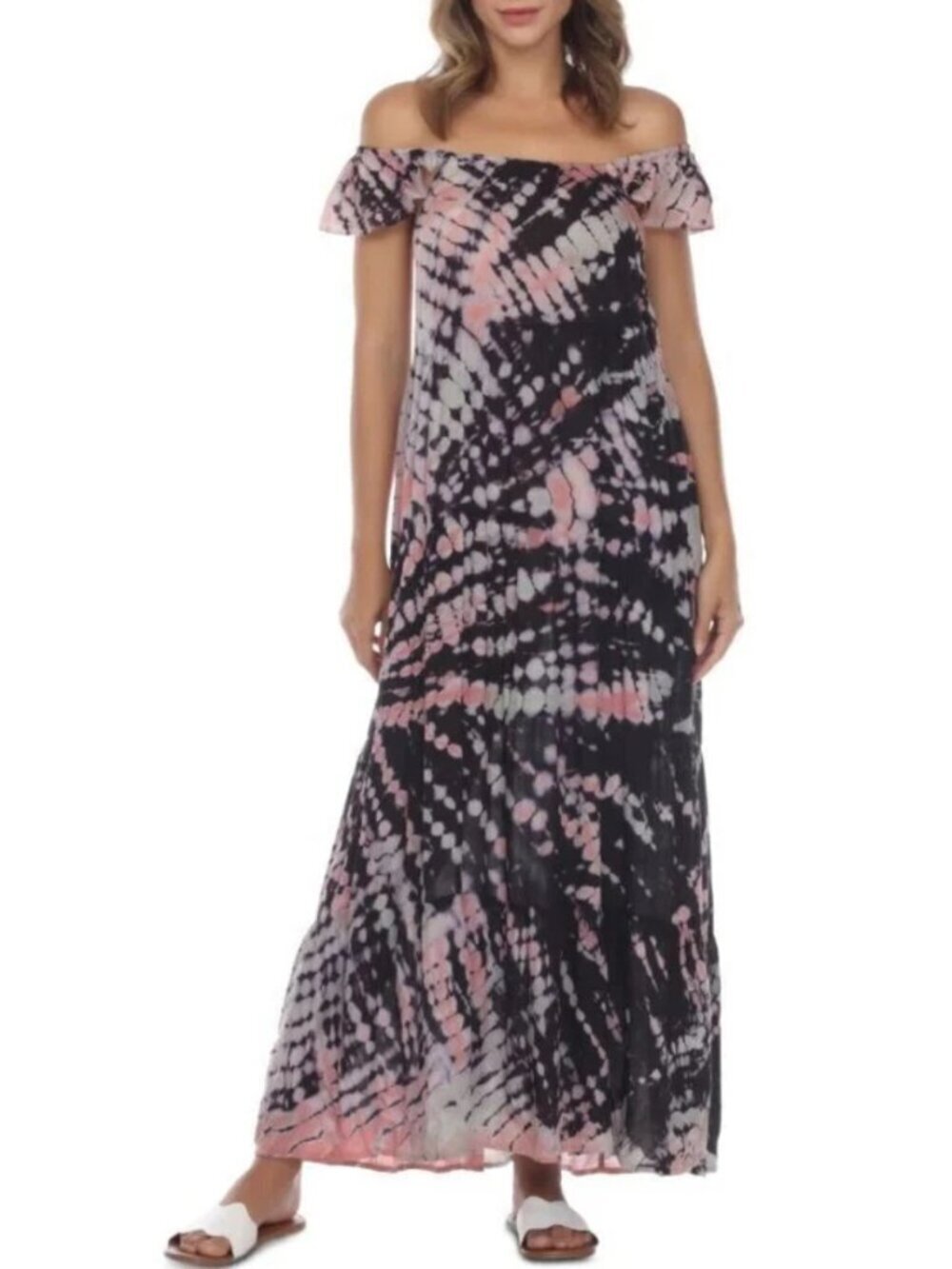 Raviya Tie-Dye Off-The-Shoulder Maxi Dress Cover-Up Black & Taupe Size 1X NWT